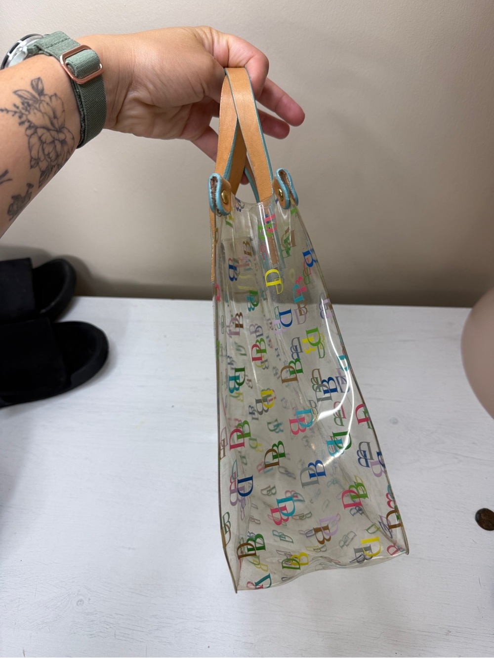 DOONEY & BOURKE Y2K VINTAGE DESIGNER COLORFUL LOGO CLEAR TOTE SUMMER BAG - Picture 4 of 11